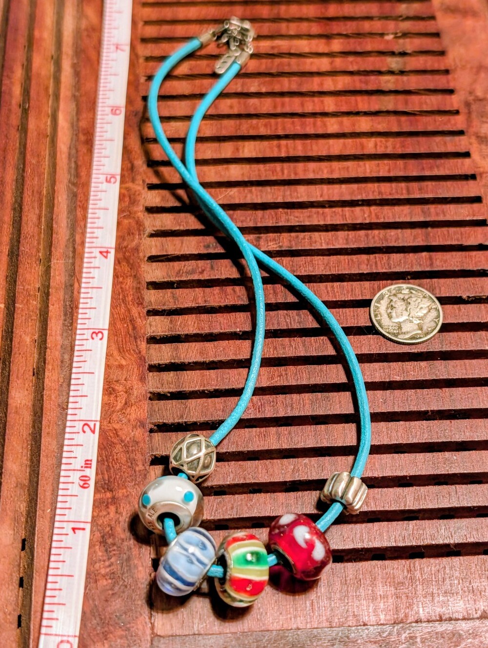 Pandora Bead Necklace On Leather Cord Sterling Clasp